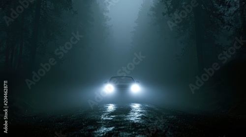 A car's headlights pierce through dense fog on a dark, wooded road