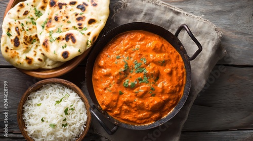 Authentic Indian Meal Featuring Spicy Curry, Steamed Rice, and Fluffy Naan Bread