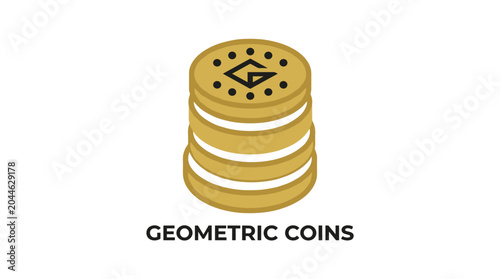 Stack of Geometric Gold Coins with Abstract Design.