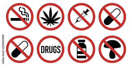 Konstfotografi Drug prohibition pictogram set vector, no smoking no alcohol no pills warning symbols with red stop sign icons for public health awareness campaigns, safety signage, and educational materials