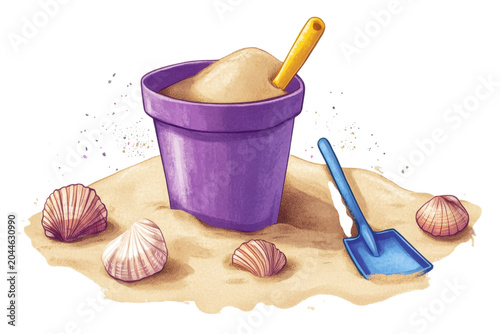 Purple Sand Bucket with Shovel and Seashells on Beach Sand
