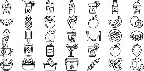 Tableau sur toile 35 Beverage and Fresh Food Line Icons  Vector Pack, Summer Drinks Picnic Vector Icons Minimal Line Art, Minimalist Cafe Picnic Outline Icons Vector Set