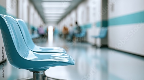Empty blue chairs line a brightly lit, sterile hallway with blurred figures