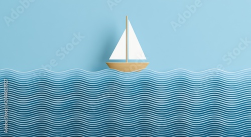 Minimalist paper sailboat glides across wavy blue ocean under light sky