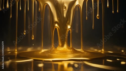 Molten Gold Liquid Dripping on Dark Reflective Surface.