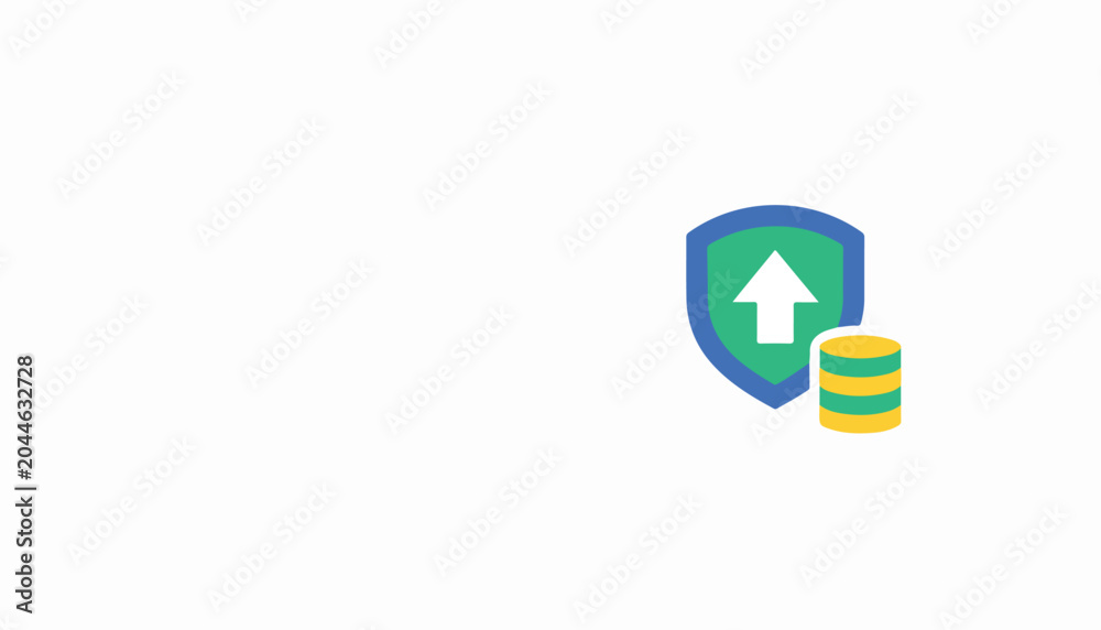 Fototapeta premium Shield with upward arrow and stack of coins icon representing secure data upload, financial protection, and digital asset growth for online security.