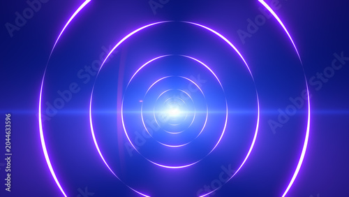 Tableau sur toile Abstract purple circular neon rings receding into a bright center, forming a sleek futuristic tunnel background
