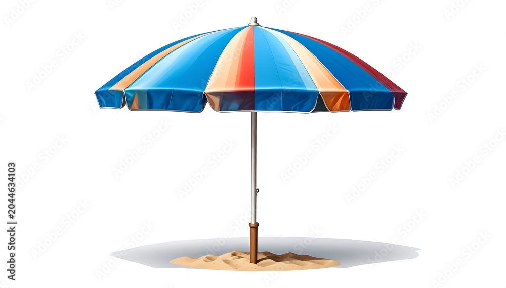 Fototapeta premium Colorful beach umbrella in sand, casting shadow, isolated against white background