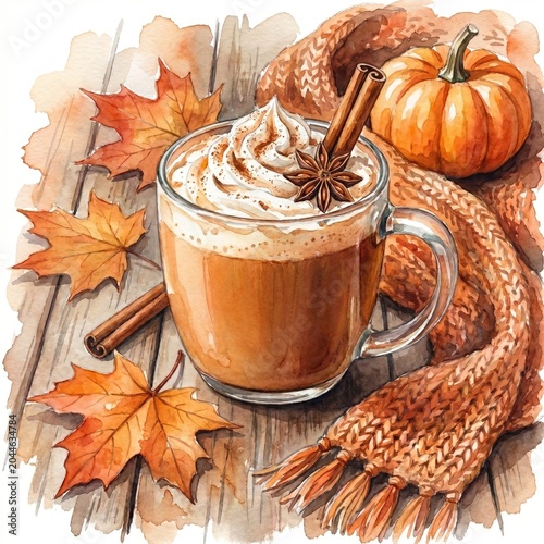 Watercolor Pumpkin Spice Latte with Knitted Scarf, Pumpkin and Autumn Maple Leaves. Cozy Fall Hygge Seasonal Drink Illustration