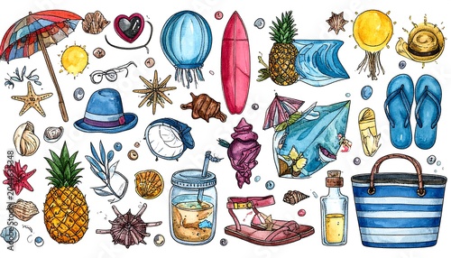 Colorful beach objects including umbrella, shells, flip flops, fruits, and beach bag, set against a white background