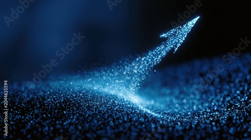 A sparkling blue arrow rises from a field of digital particles
