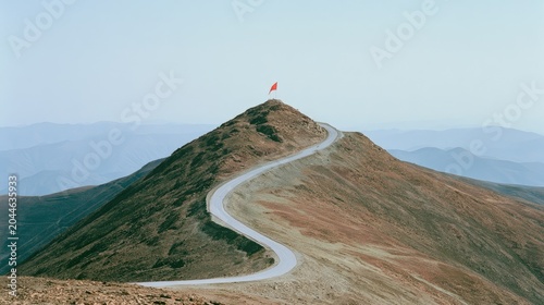 Winding road ascends to a summit marked by a solitary red flag
