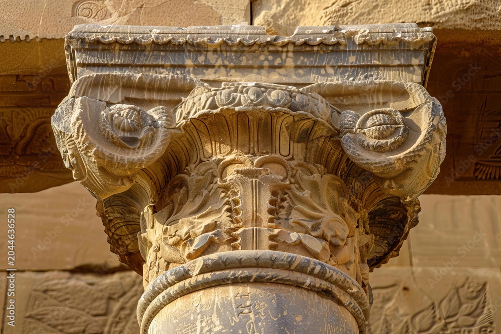 Fototapeta premium Intricate floral and volute motifs adorn a weathered capital, showcasing ancient egyptian craftsmanship