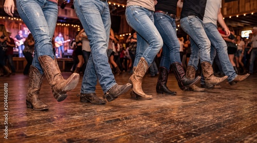 Group of woman and man dancing line dance in country bar. Dancers wearing cowboy boot and jean performing synchronized steps on wooden floor. Western music event and night life scene