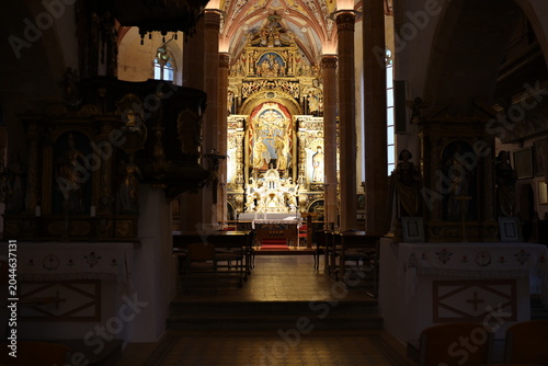 Slovenian church, interior, golden light present.