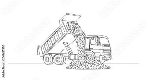 Bild auf Leinwand Dump truck unloading gravel, construction vehicle, line art illustration