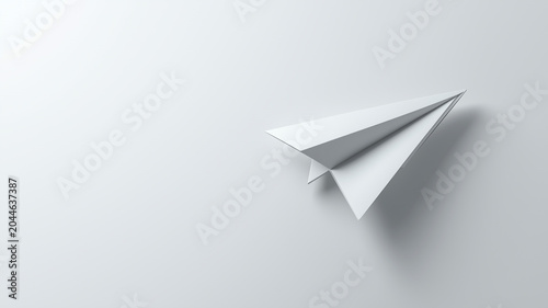 Origami paper airplane flying in minimalist studio with soft shadow and clean background