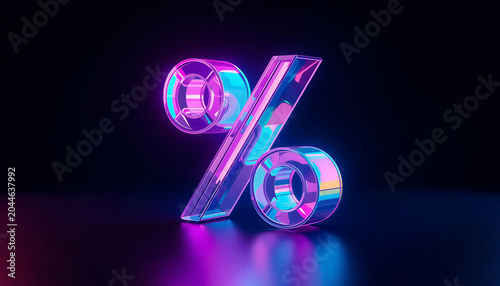 Shiny neon percentage sign floating on dark surface with reflection and bright hue.