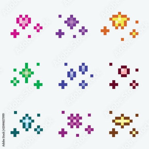 Pixel Art Sparkle Icons Set Colorful Retro 8 Bit Star Effects Collection
