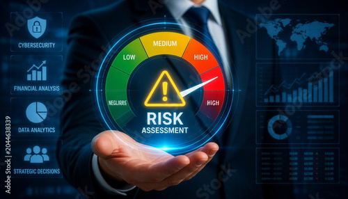 Businessman holding risk assessment meter showing varying levels from low to high.
