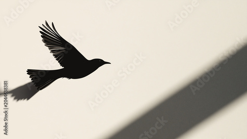 Silhouette of bird in flight casting shadow on minimalist white surface with soft light