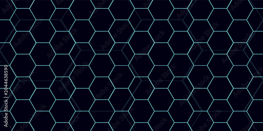 Fototapeta premium Hexagonal patterns in blue and black background dominating. Each hexagon connecting seamlessly, forming futuristic mesh