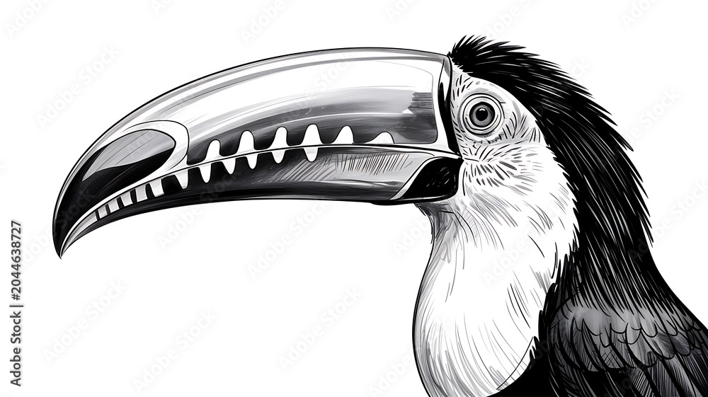 Obraz premium Black and white toucan bird illustration with detailed beak