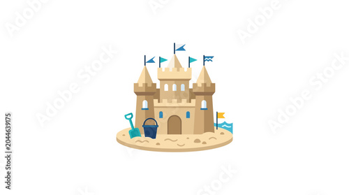 Cartoon Sand Castle with Bucket and Shovel on Beach