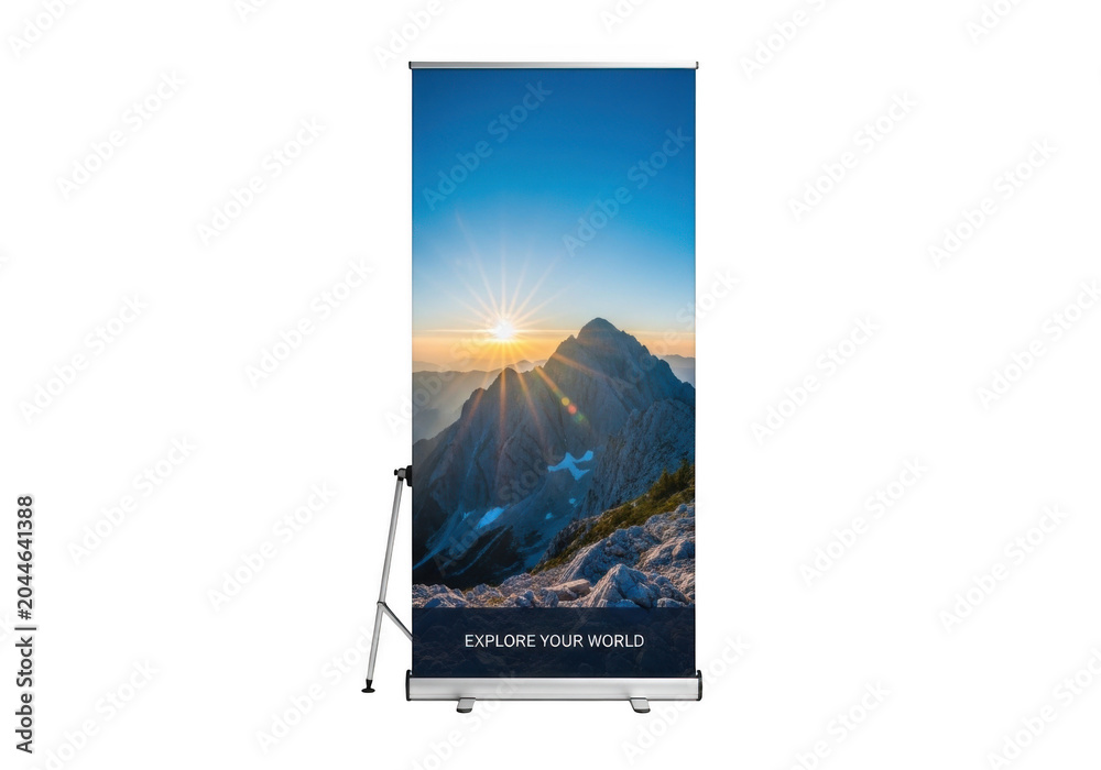 Fototapeta premium Vertical roll up banner stand featuring a mountain landscape at sunrise with the text explore your isolated on a black background