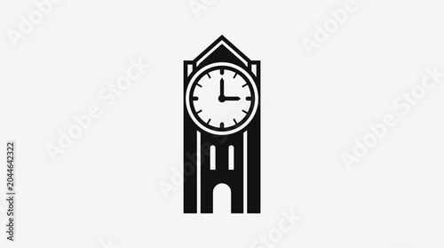 Black silhouette of a clock tower with a white face.