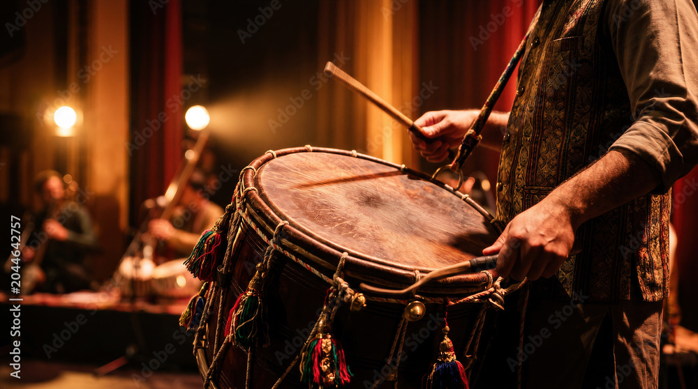 Obraz premium Musician playing traditional ethnic drum with sticks on stage at concert, cultural folk percussion performance with blurred band background.
