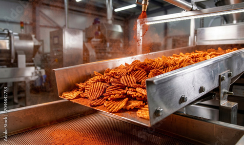 Industrial Zigzag Potato Chips Production Line with Freshly Fried Snack Chips / Conveyor Belt in Modern Food Processing Factory