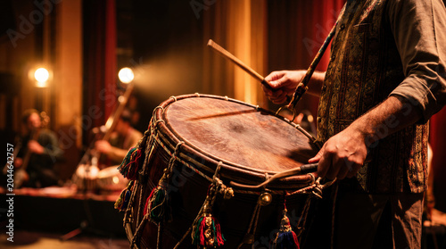 Musician playing traditional ethnic drum with sticks on stage at concert, cultural folk percussion performance with blurred band background.