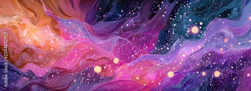 Abstract flowing cosmic dust with glowing spheres and stardust