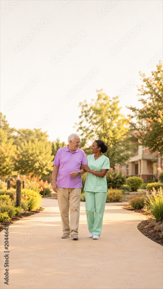 Obraz premium Elderly man walking with caregiver support outdoors in senior care community