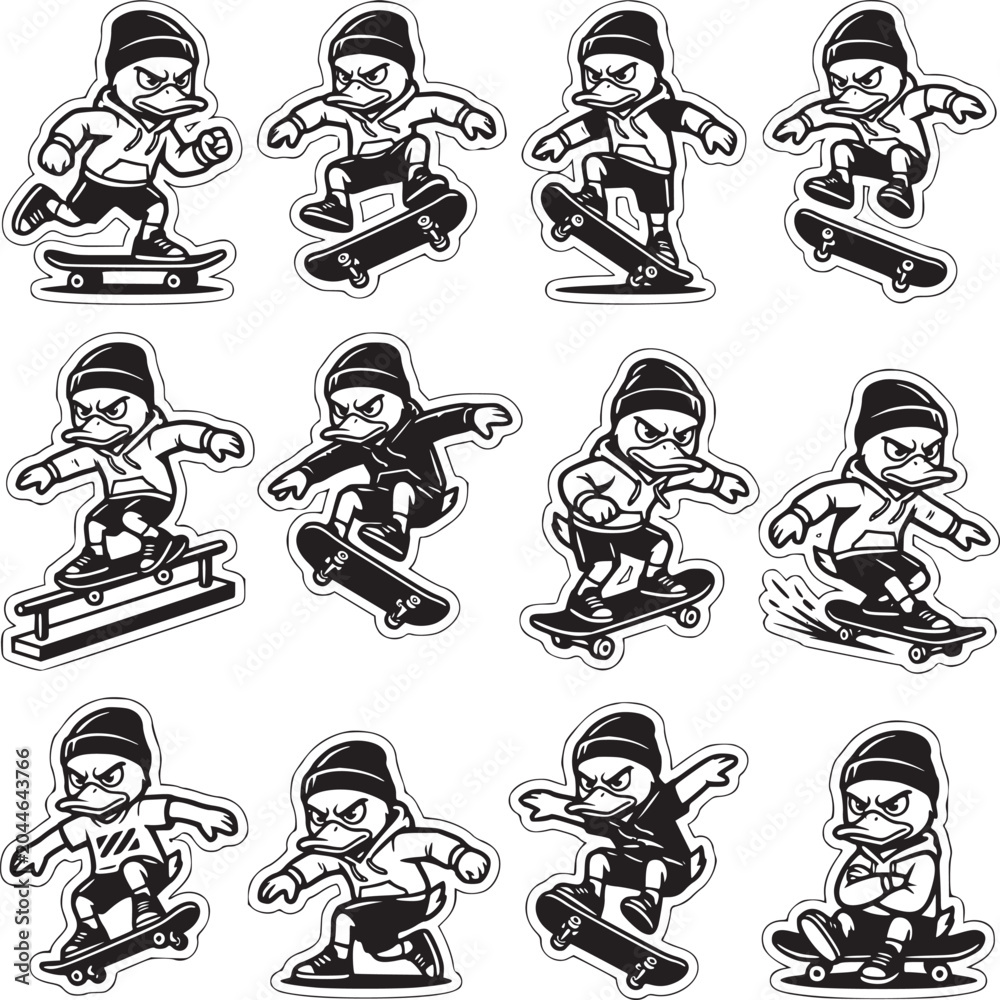 Naklejka premium Skateboarder Performing Tricks Sequence Illustration in Black and White Sketch Style