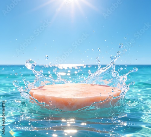 3D energetic summer-themed product presentation stage with a coral platform in turquoise water