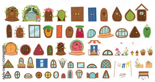 Foto Large collection of whimsical doors and windows in different shapes