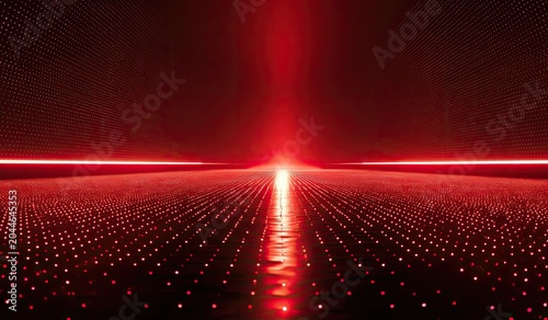 Red light tunnel with glowing dots receding into distance