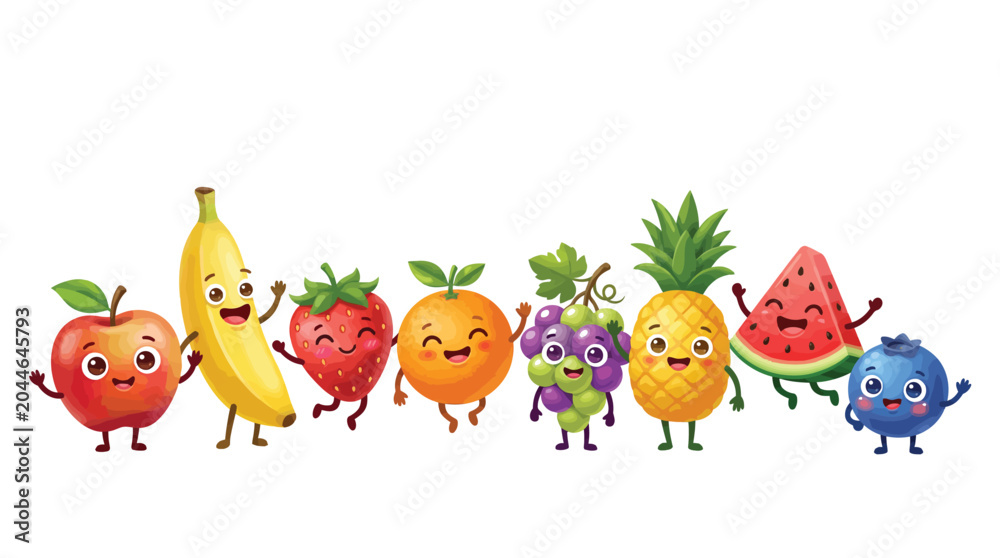 Naklejka premium Cute happy cartoon fruits standing together in a row against a plain white background area