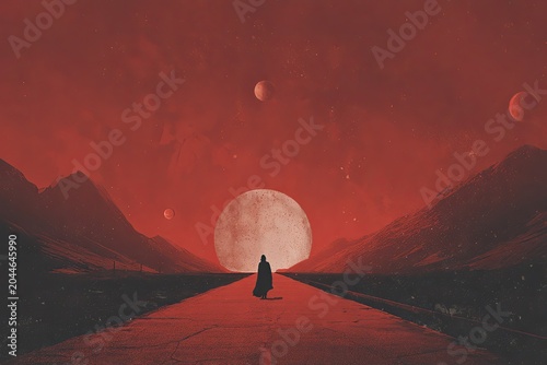 Mysterious Figure Gazes at Giant Moon on Alien Planet Landscape.