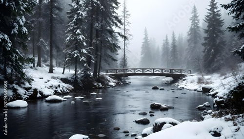 Rustic wooden bridge over a dark river in a moody snow covered pine forest on a foggy winter day.