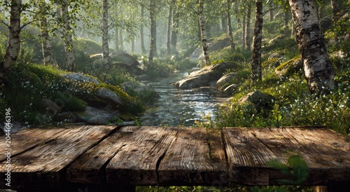 Rustic wooden table in a sunlit forest by a flowing stream