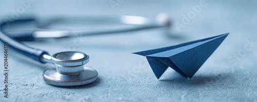 A stethoscope and blue paper airplane on a textured surface