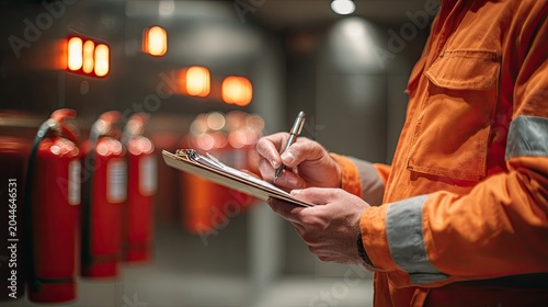 Worker in orange jumpsuit checks fire extinguishers on clipboard