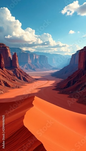 Sun-drenched red dunes, rugged mountains, cloud-streaked sky , Africa, Nevada