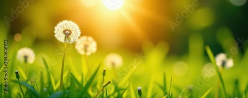 Sunlit meadow, dandelion seeds floating, soft focus, summer, picture