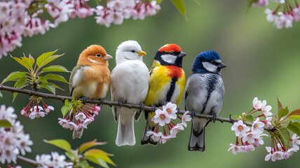 Four colorful birds perched on a branch with flowers