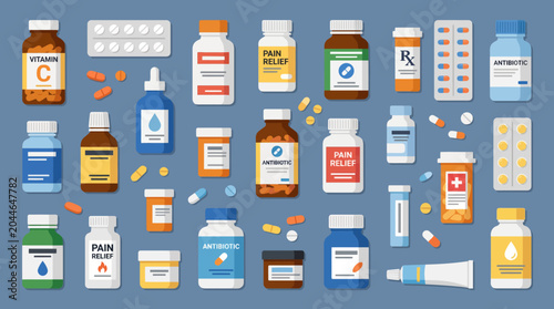 Foto A colorful illustration of various medicine bottles and pills.