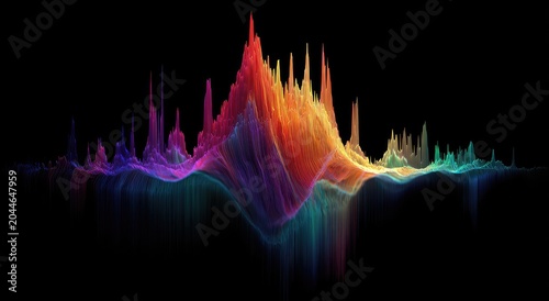 Vibrant Abstract Sound Waveform Visualization with Rainbow Colors on Black Background.